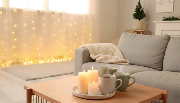 Warm and inviting living room featuring glowing candles and steaming mugs on a wooden coffee table, creating a comfortable atmosphere for relaxation during the winter holiday season