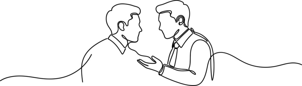 Two men talking, continuous line drawing, business conversation, teamwork concept
