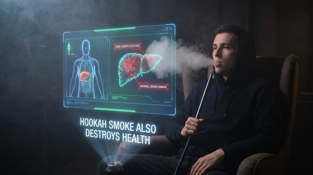 Man smoking hookah with health warning graphics