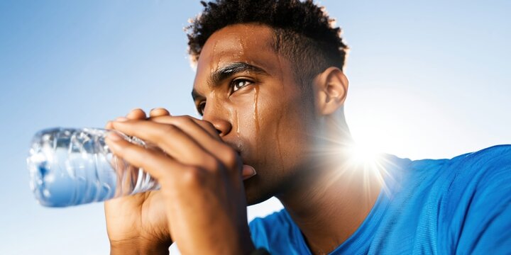 Thirsty athlete drinks water after intense workout under bright sun