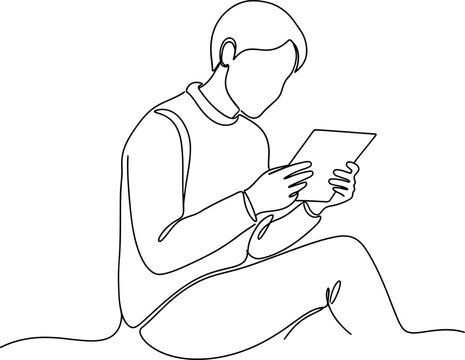 Person reading tablet, one line drawing, minimalist style, focused gaze, casual pose