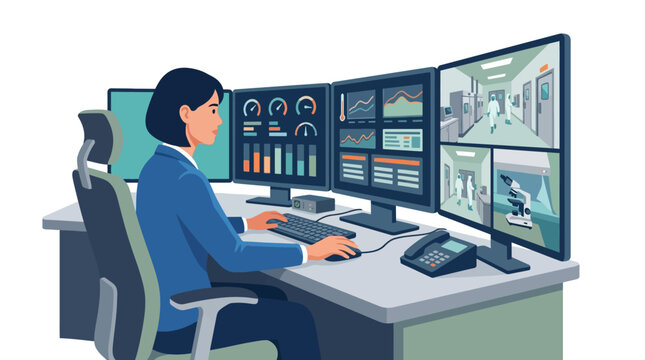 Professional security guard monitoring surveillance footage on multiple computer screens. EPS Editable. Vector Illustrations.