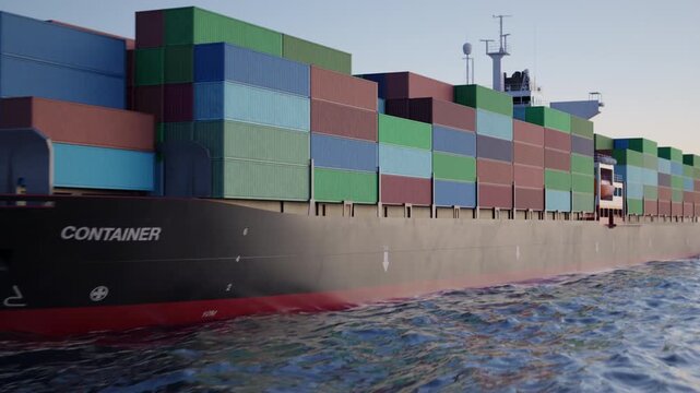 Drone aerial over anchored container ships and oil tankers in a bay at sunset, depicting global trade disruption and Strait of Hormuz closure concept in a cinematic 3D animation render