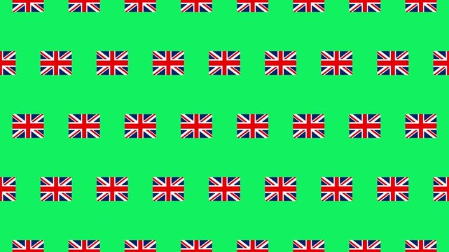 UK flag pictograms move upward in a seamless loop on green screen, creating a keyable repeating pattern. Suitable for overlays, broadcast compositing, and UK-themed visual productions.
