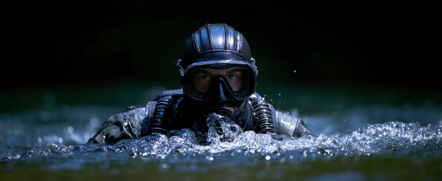 The combat diver coming out of the sea during a practice drill session