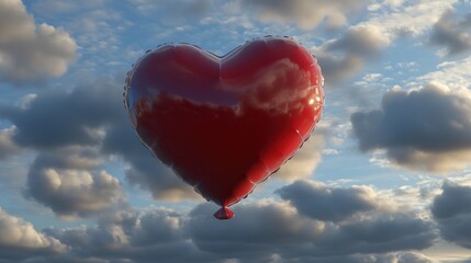 Fototapeta premium Red heart-shaped balloon floats in a cloudy sky