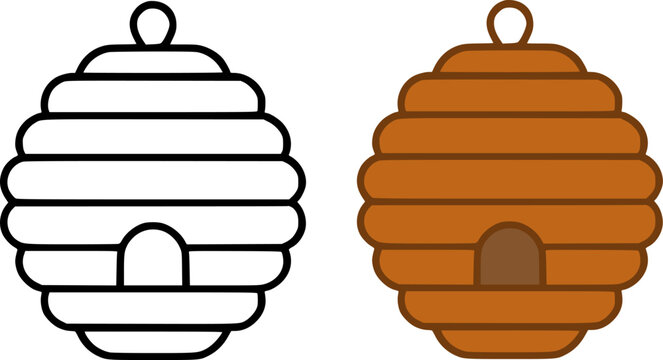 Beehive minimalist icon illustration in line art and colored design, for coloring page