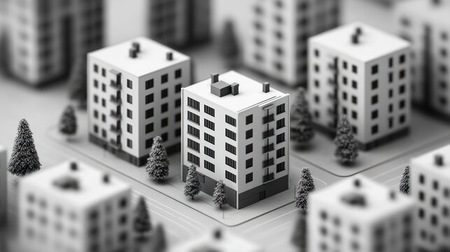 Monochrome cityscape model, showing apartment buildings, trees, and streets