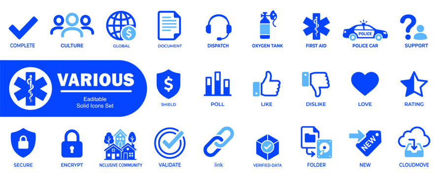 Professional blue solid icons set for business security and communication. Featuring shield global network validate and inclusive community vector signs.