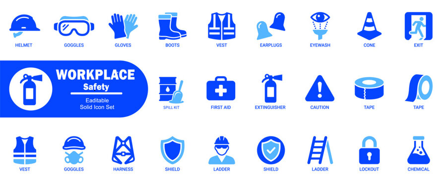 Workplace safety editable solid icon set, featuring helmet, goggles, gloves, boots, vest, earplugs, eyewash, cone, exit, spill kit, first aid.