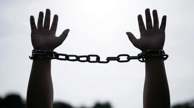 Raised hands bound together with dark metal chain and shackle against bright sky symbolizing captivity imprisonment and loss of freedom concept