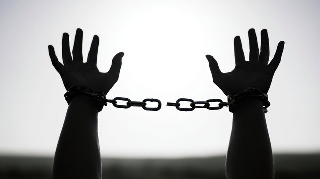 Silhouette of two raised hands shackled together by metal chain with broken link representing freedom and breaking away from captivity and oppression