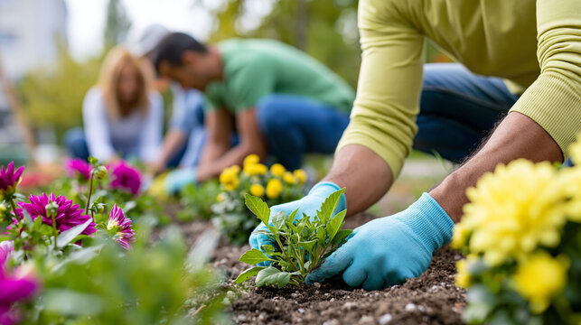 Rear view of a group of people working together to plant flowers in a community garden, collaborative gardening concept, volunteer planting, community environment photography,