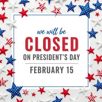 Festive announcement declaring business closure on President&rsquo;s Day with patriotic stars and stripes background.