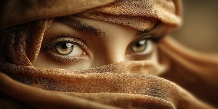 Mysterious woman's eyes peeking through a flowing golden veil, close-up portrait