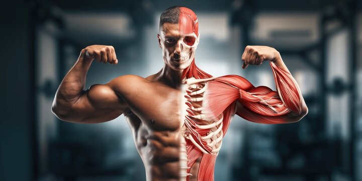 Muscular man's anatomy revealed, showing skin, muscle, and bone structure