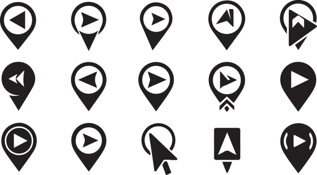 Set of black map pin icons on white