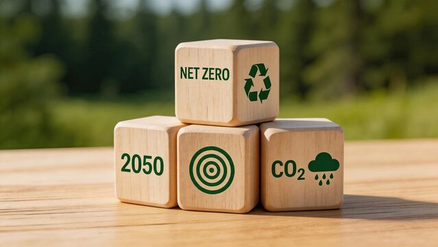 Wooden cubes with net zero 2050 text and CO2 symbols, environmental sustainability concept, climate change action, green energy transition, carbon footprint reduction,
