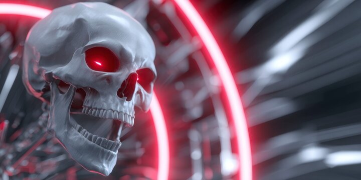 a scary skull with glowing red eyes and an open mouth. in the background, there is an abstract metallic mecha structure with a red neon light ring around it
