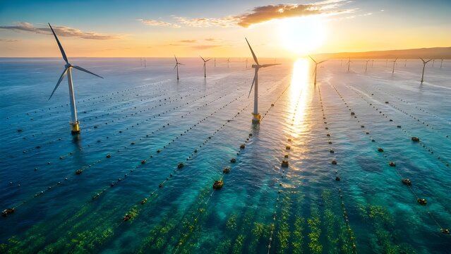 Aerial photo captures massive offshore wind turbines generating clean energy over blue ocean waters during a vibrant golden sunset glow