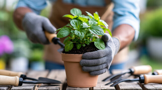Close-up of hands transplanting a plant with garden tools in a spring setting, plant relocation concept, transplanting photography, seasonal garden activity, defocused background,