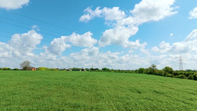 Grain field beneath power lines and bright cloudscape. Modern agriculture meeting rural energy infrastructure. Farming landscape, utility network, countryside business concept