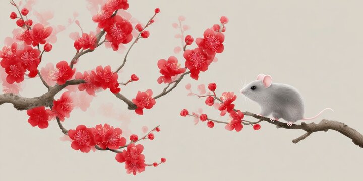 cute chinese new year mouse print with red plum blossoms