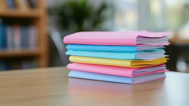 Colorful stack of folders on a wooden table in a blurry background of bookshelves