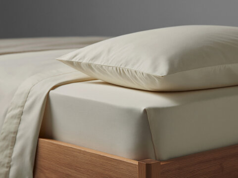 Percale Cotton Fitted Sheet Packshot Side Photo Bed Zoom Corner Photo