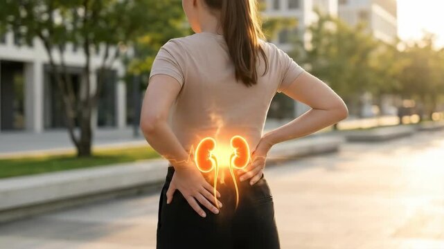 Human renal ailment: kidney disease, organ distress, body ache, health warning, pain sensation, woman suffer, back discomfort, urinary system, medical problem, discomfort symptom.