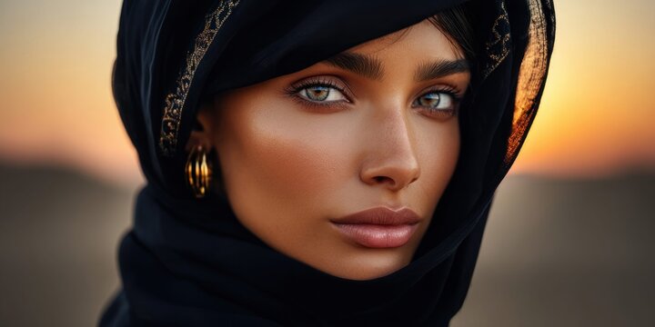 Elegant woman in black hijab with gold earrings gazes intensely at sunset
