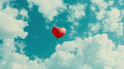Fototapeta premium Red heart-shaped balloon floats in a vibrant sky