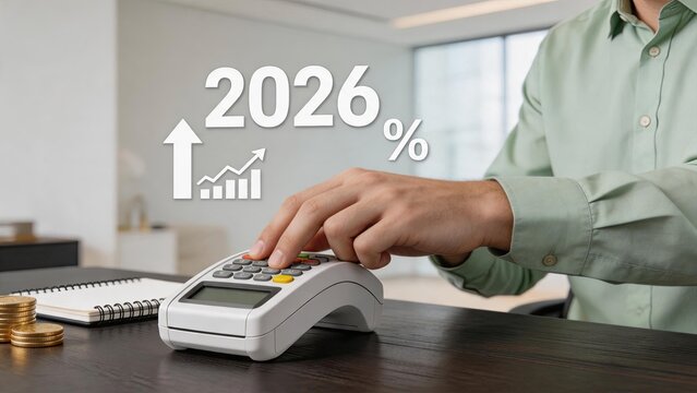 Year 2026 financial forecast with payment terminal, credit card machine and rising graph, future banking technology and economic prediction concept