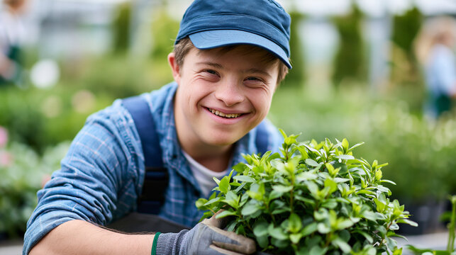 Rear view of a person with Down syndrome smiling while working in a plant nursery, inclusive workplace concept, social inclusion photography, disability and horticulture,