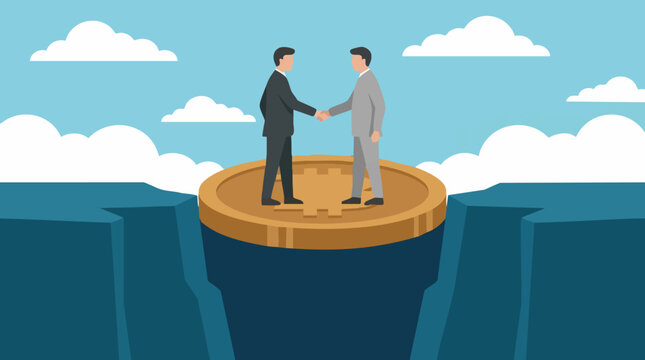 Businessmen shaking hands on golden coin bridge across a chasm