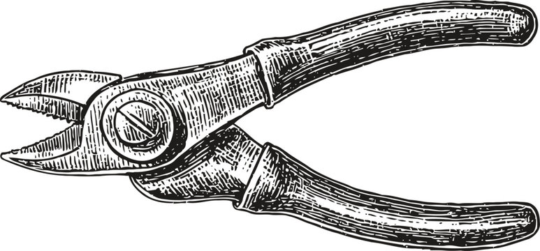 vintage wire cutters hand tool for cutting metal wire with wooden handles engraved black and white illustration