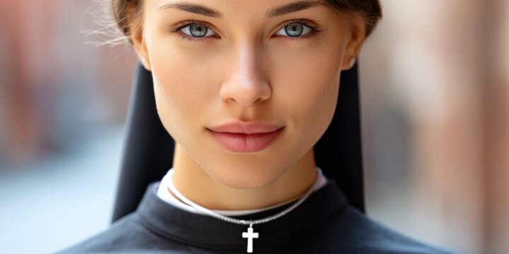 Young nun with Christian cross necklace on city street, close-up portrait