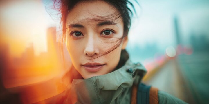 Close-up portrait of a young Asian woman with windblown hair in an urban setting at sunset
