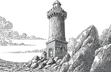 Obraz premium Vintage lighthouse on rocky coastline with ocean waves and cloudy sky illustration