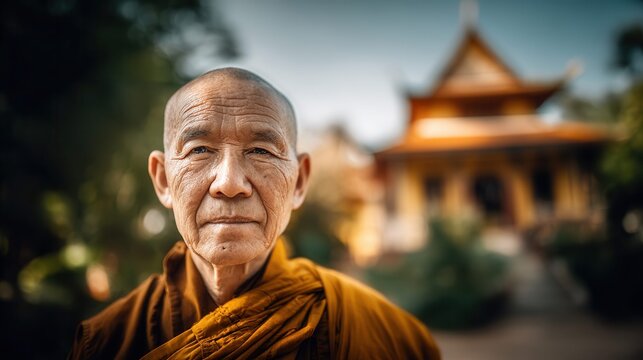 Portrait of an elderly Buddhist monk in saffron robes with a temple in the background