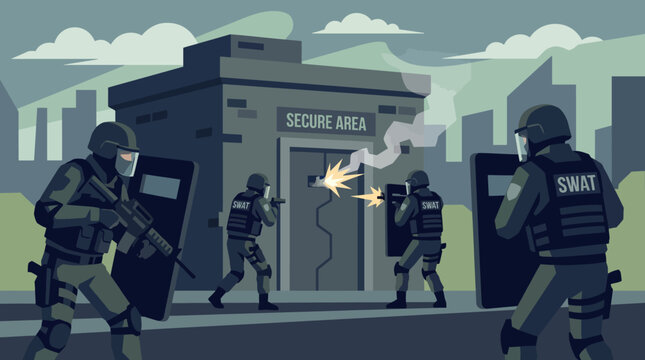 SWAT team breaching secure building door.
