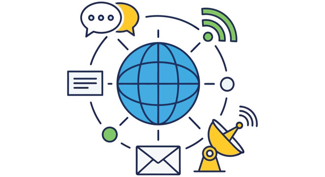 Global communication network illustrated with icons representing connectivity and information