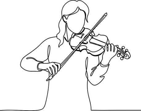 Continuous line drawing of a woman playing the violin, minimalist art, elegant musical performance
