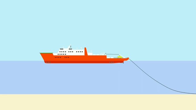 Animation of submarine communication cable installation. Normal laying or surface laying work.