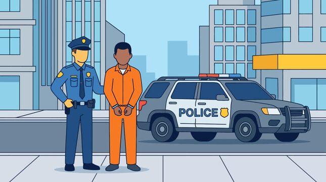Police officers and prisoner standing on sidewalk.