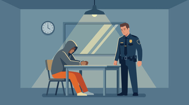 Police officer interrogating a suspect in a dimly lit room.