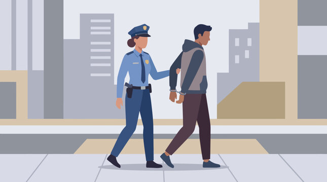 Police officer escorting a man in a city.