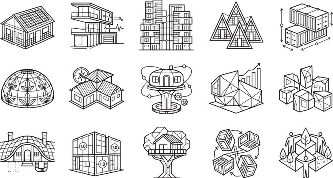 Eco-Friendly Residential Design Graphic Collection Featuring Treehouse Geodesic Dome and Modern Tiny House Line Art