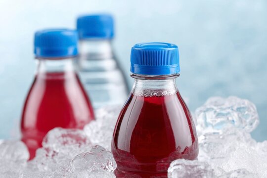 bottles of red drink and water bottles on ice with blue caps