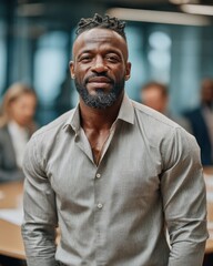 Obraz premium Confident Black man in business attire smiling in a modern office meeting room